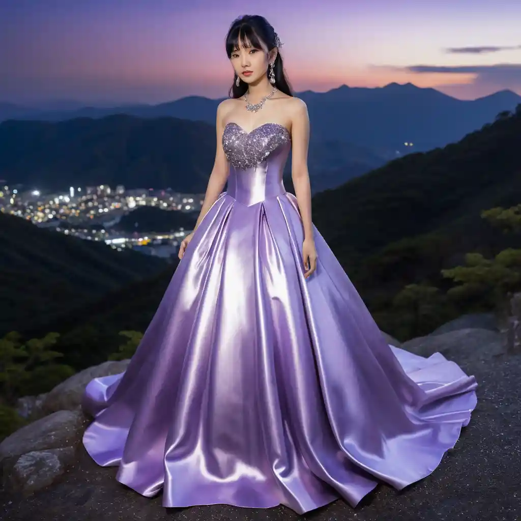 Chica elegante con vestido de satén violeta en una noche de montaña