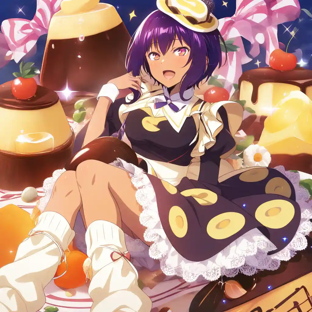 Dark skinned anime maid girl with dessert themed dress