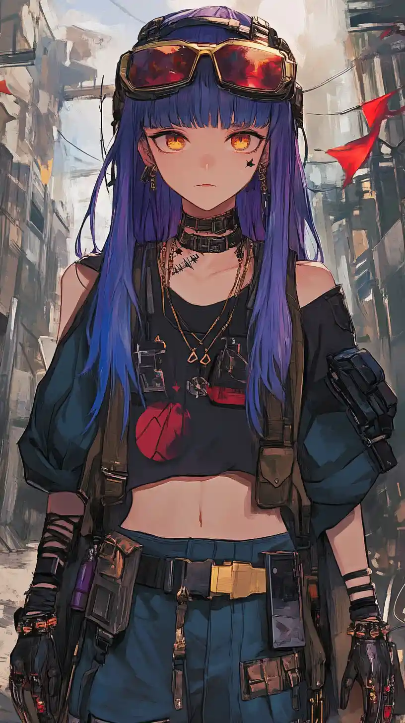 Blue haired anime girl with belts and bandaged hands