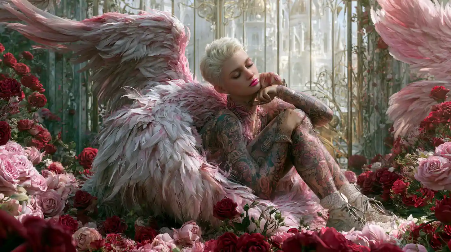 Donna angelica tatuata che riposa in un giardino pieno di rose