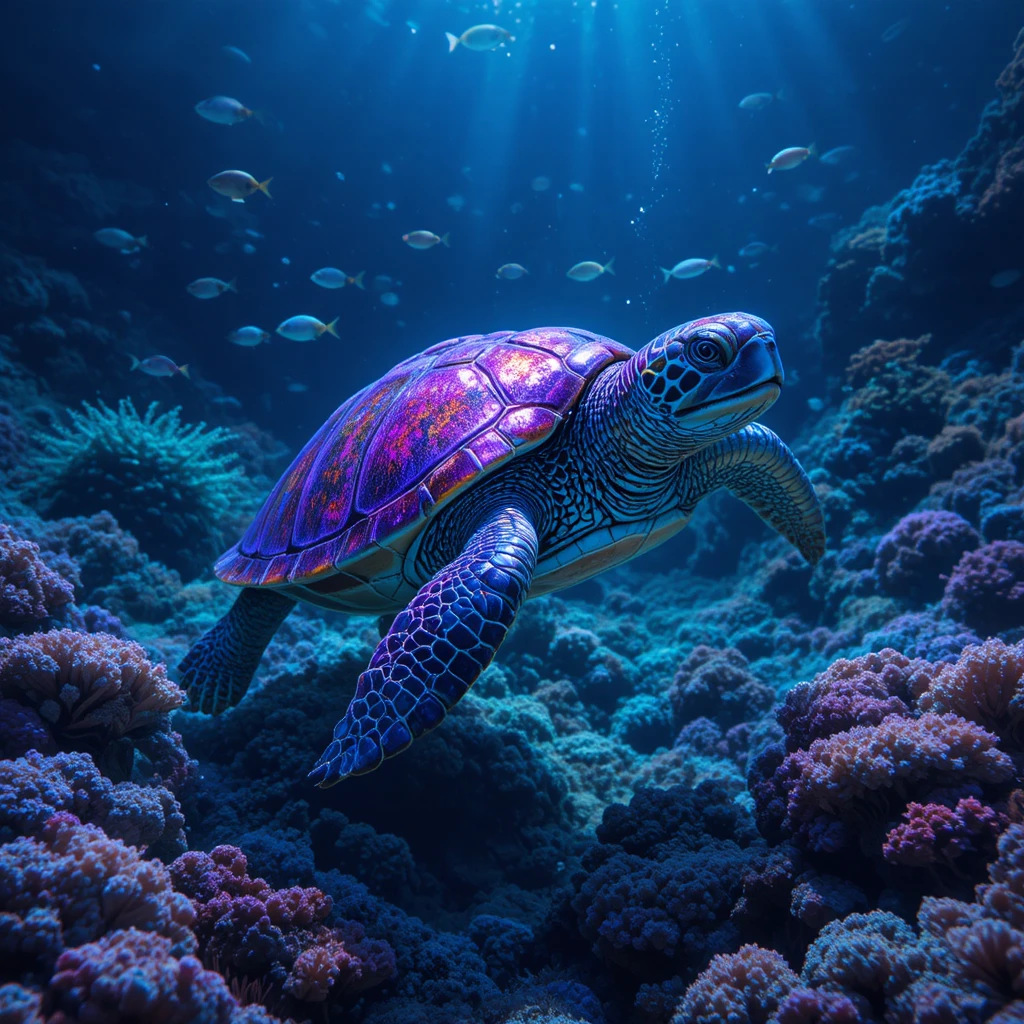 Tortuga marina con colores iridiscentes sobre un fondo oceánico salvaje
