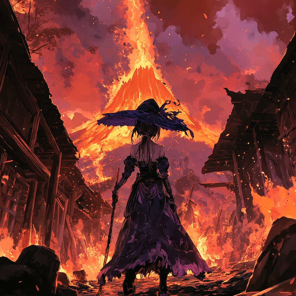 Anime girl near erupting volcano and burning wooden house