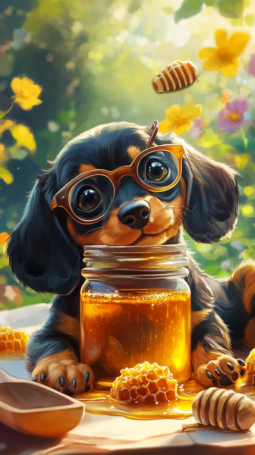 Cute dachshund puppy with glasses resting beside honey jar
