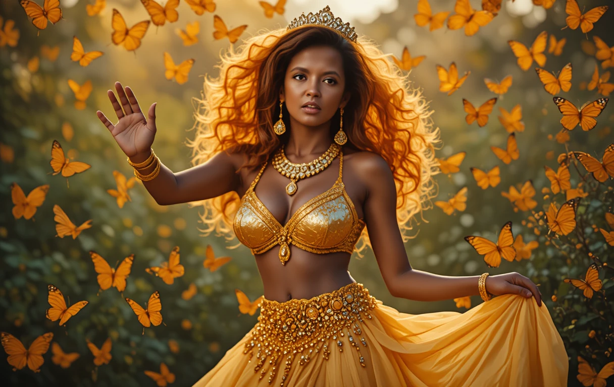 Mujer radiante con joyas doradas y mariposas naranjas