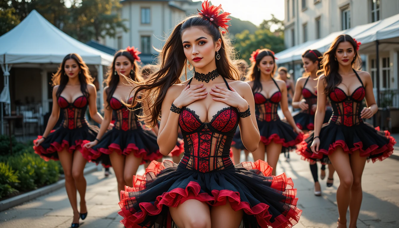 Bailarinas de can-can actuando en un escenario al aire libre a la luz del día