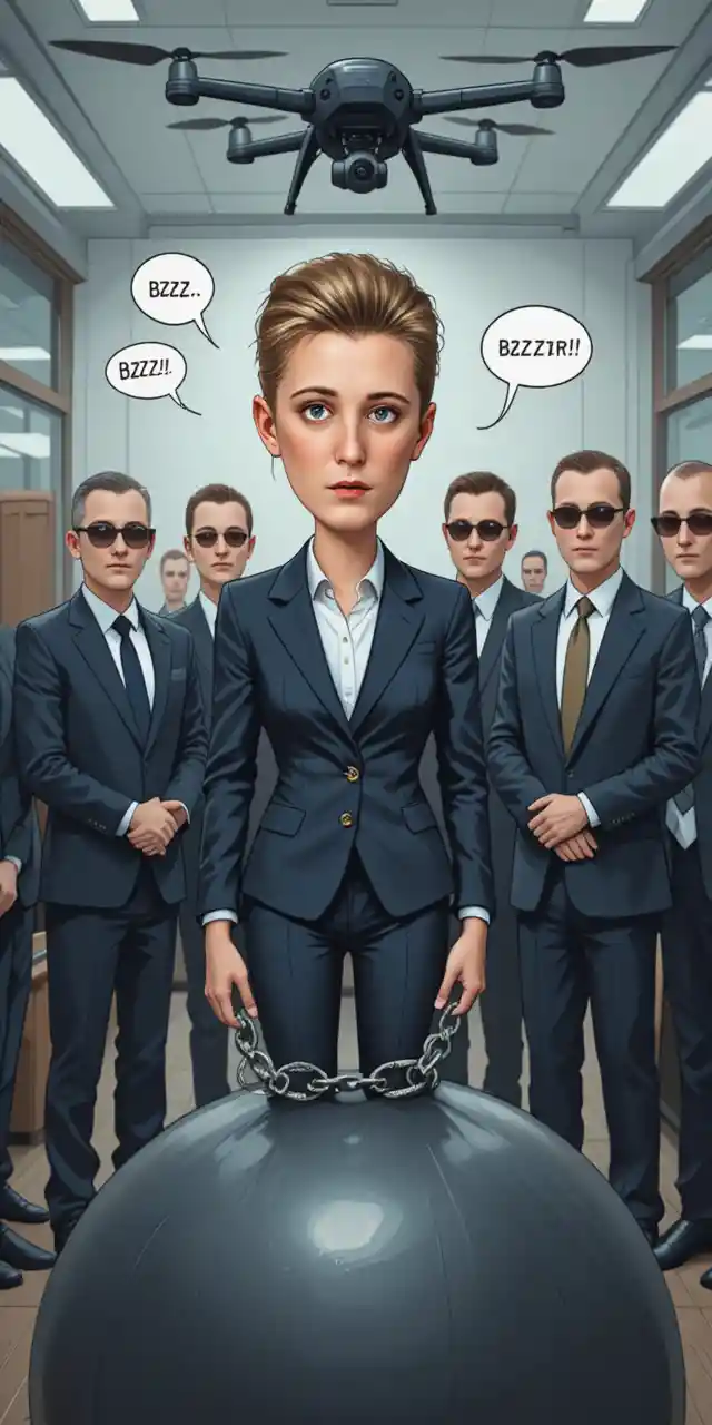 Caricature of chained woman watched by guards indoors