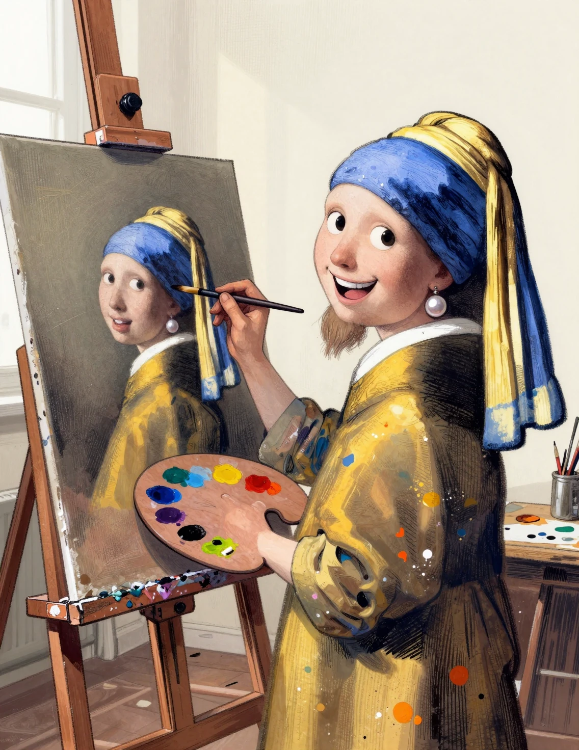 Cheerful painter at easel in sunny comic style studio