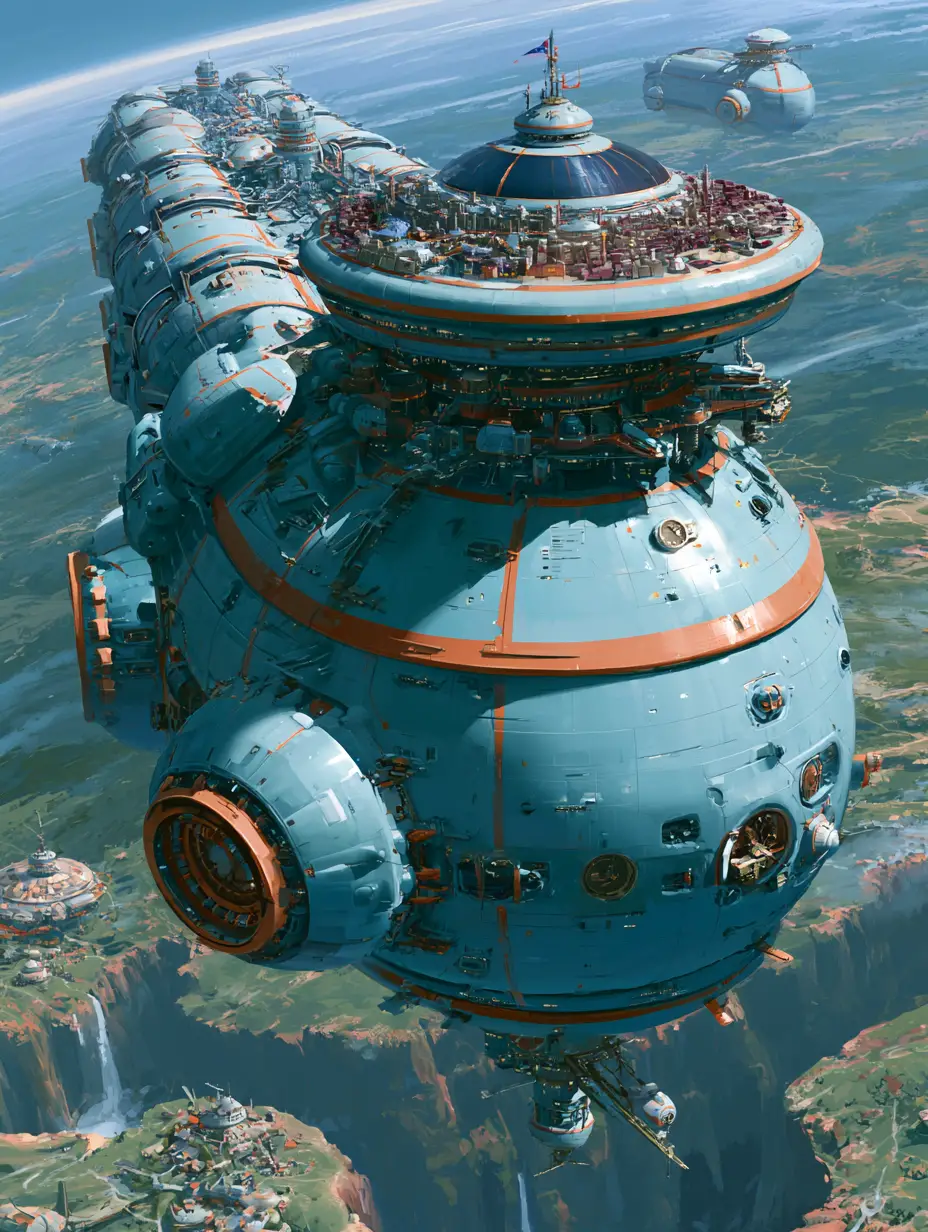 Massive cargo spaceship city approaching a green planet