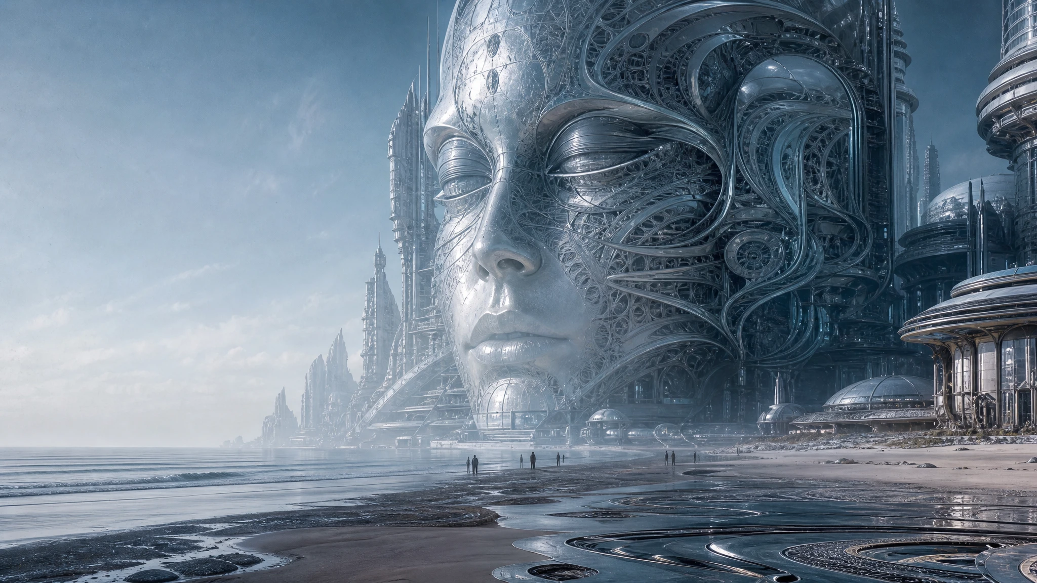 Rostro futurista surreal que se alza sobre las relucientes arenas del desierto