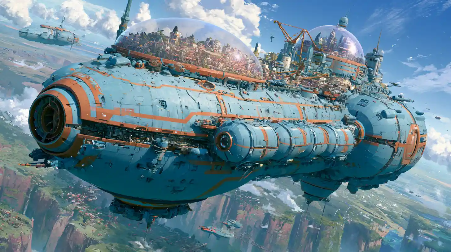 Gigantische Fracht-Raumschiffstadt nähert sich einem üppig grünen Alienplaneten