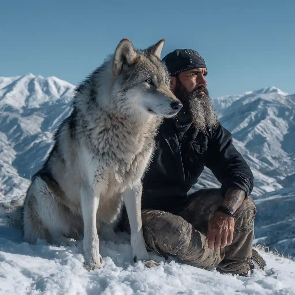 Hombre descansando en una cresta nevada con un lobo majestuoso