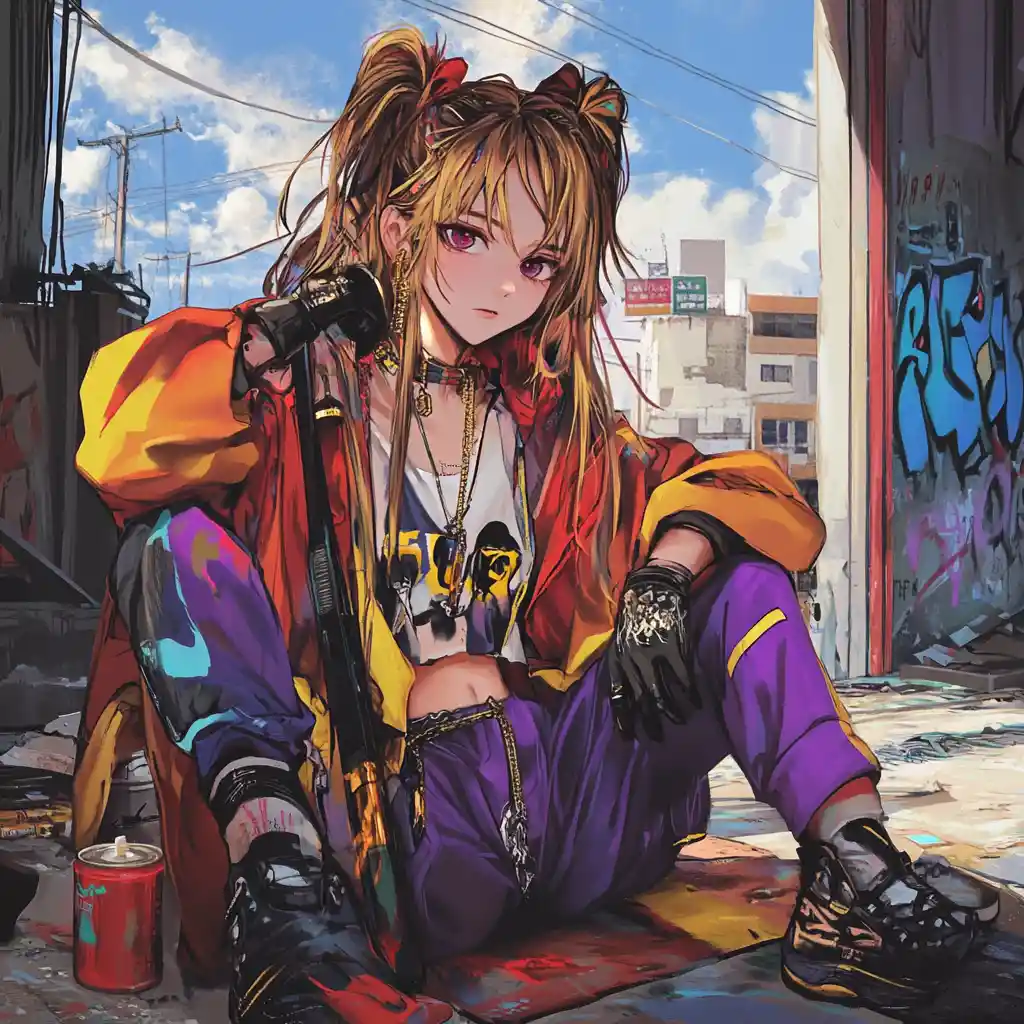 Anime girl graffiti artist on colorful city street