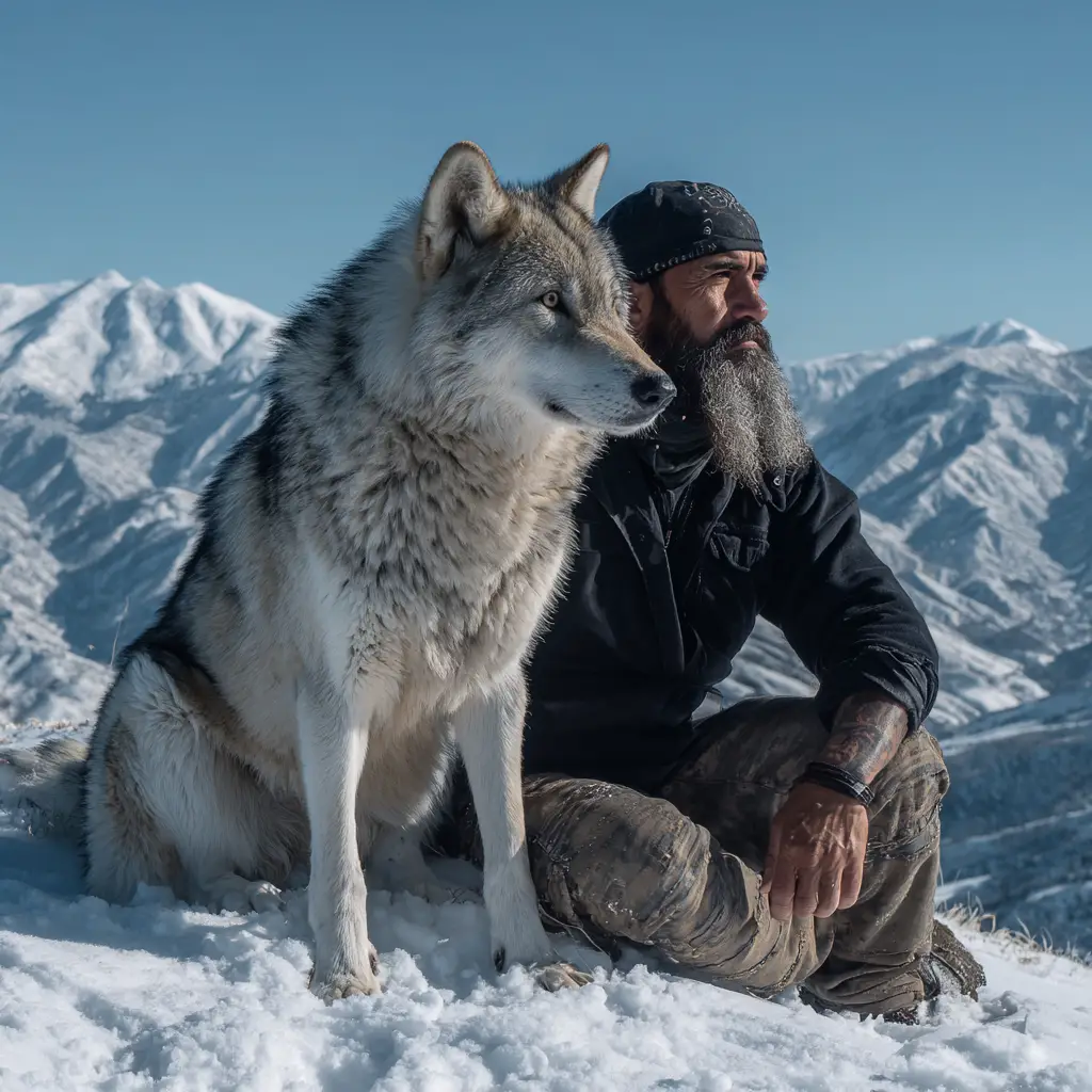 Man resting on snowy ridge with a majestic wolf