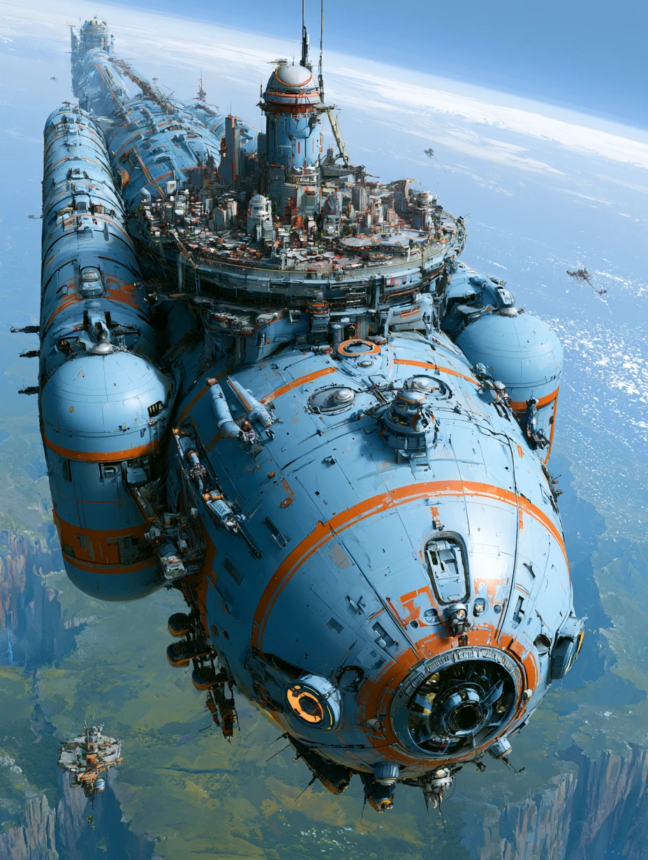 Gigantic cargo spaceship city approaching a verdant planet