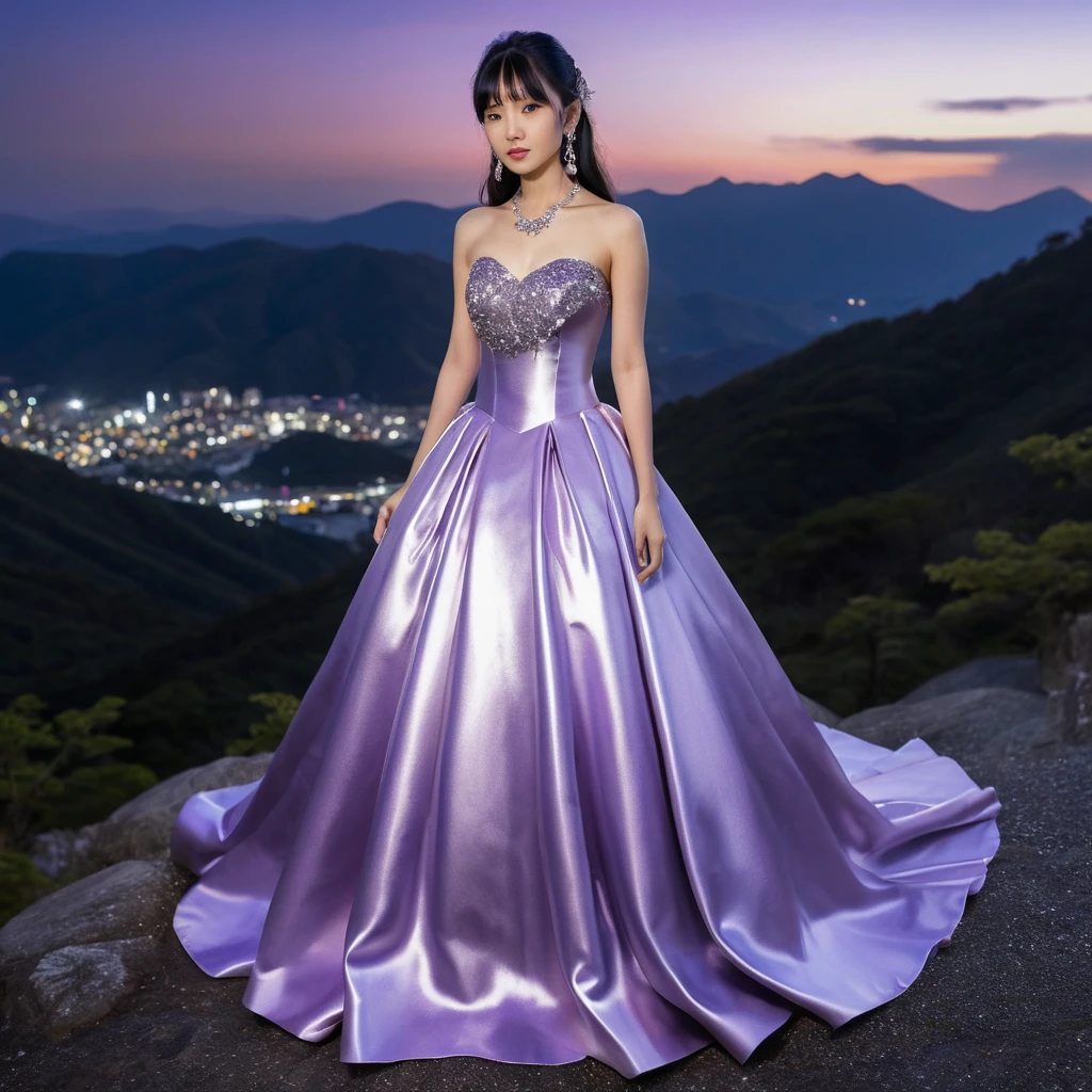 Chica elegante con vestido de satén violeta en una noche de montaña