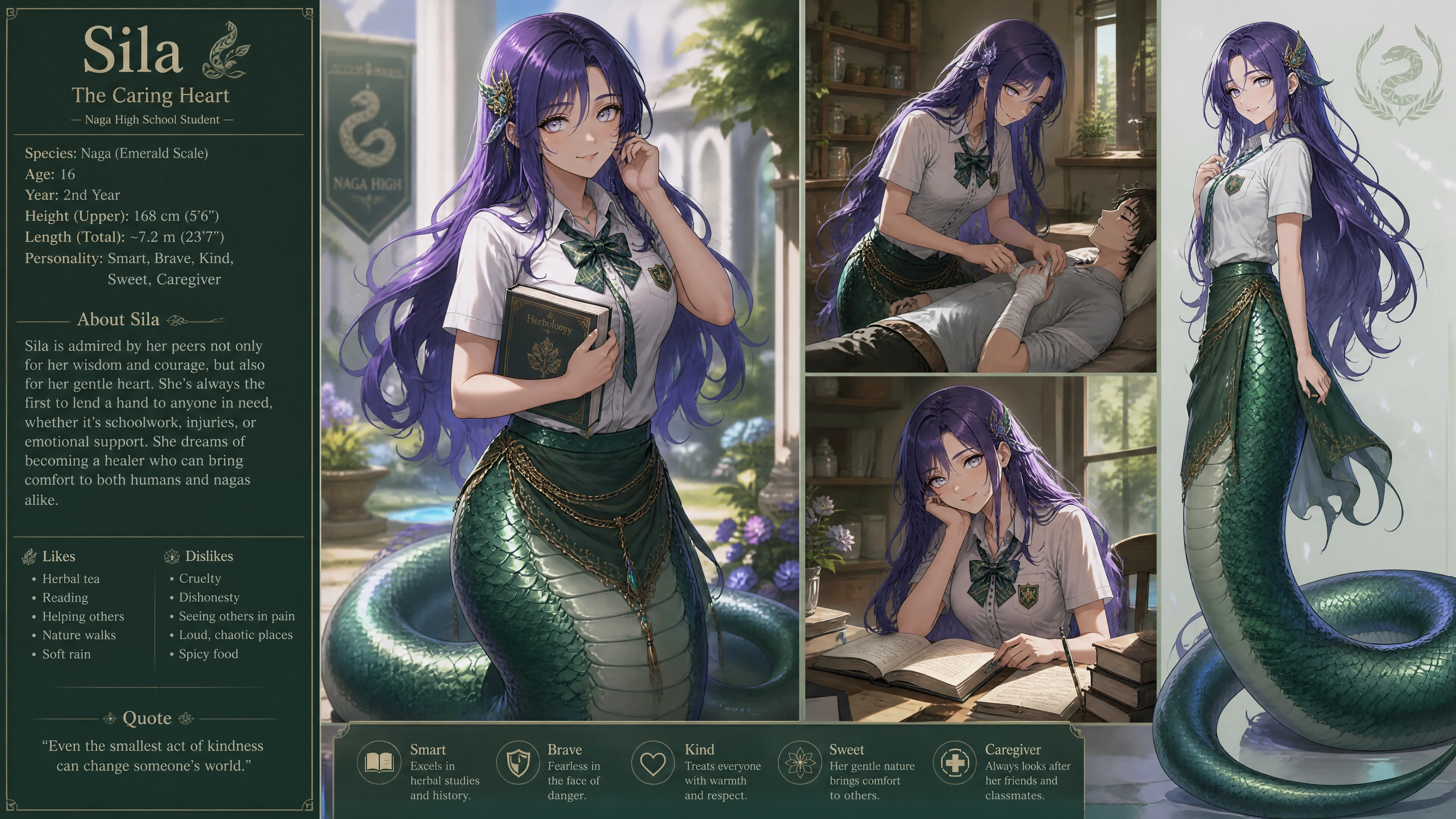Escolar naga de escamas esmeralda con largo cabello púrpura azulado