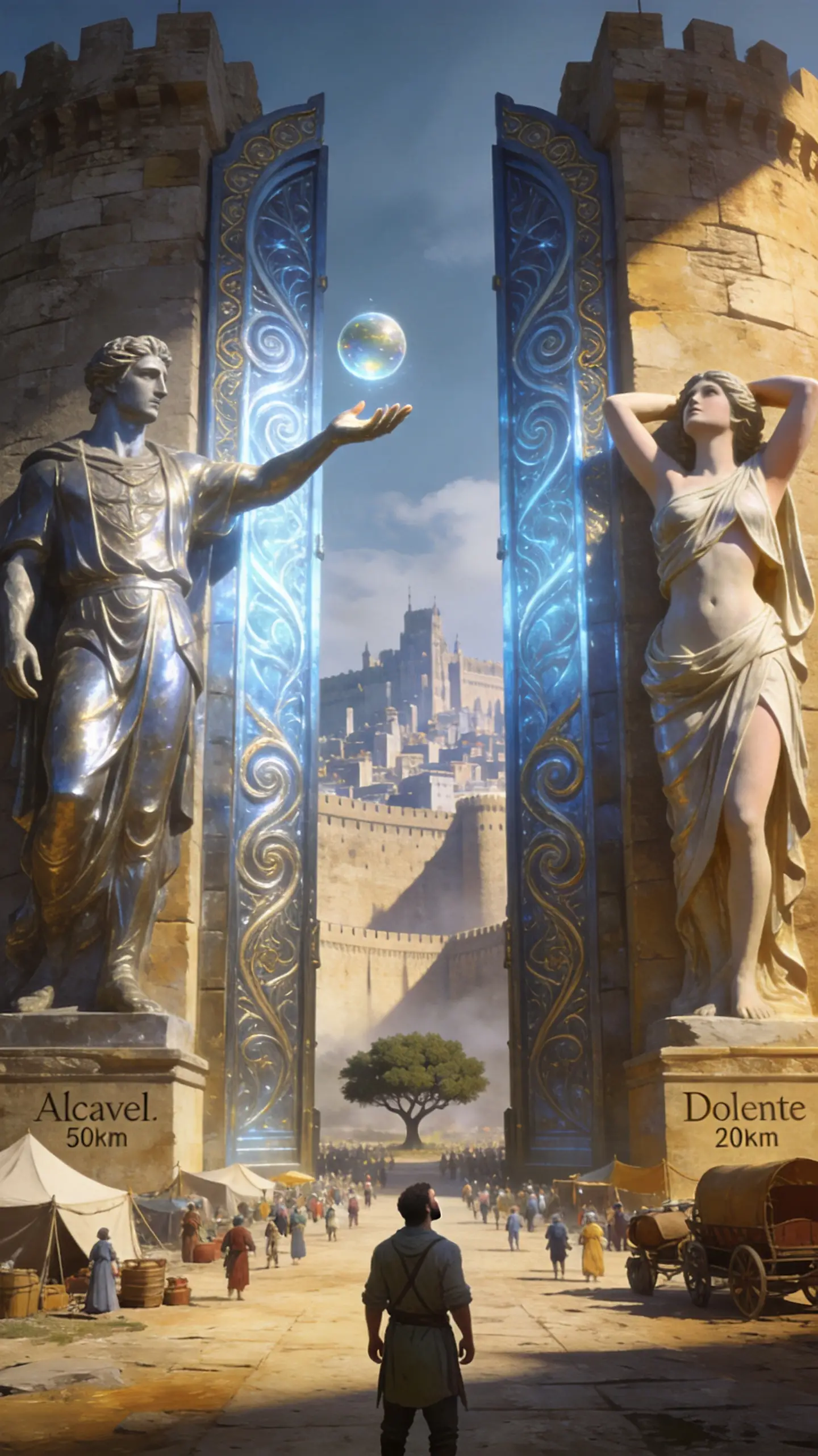 Kolossale Fantasy-Stadtmauern ragen über fernen Reisenden auf