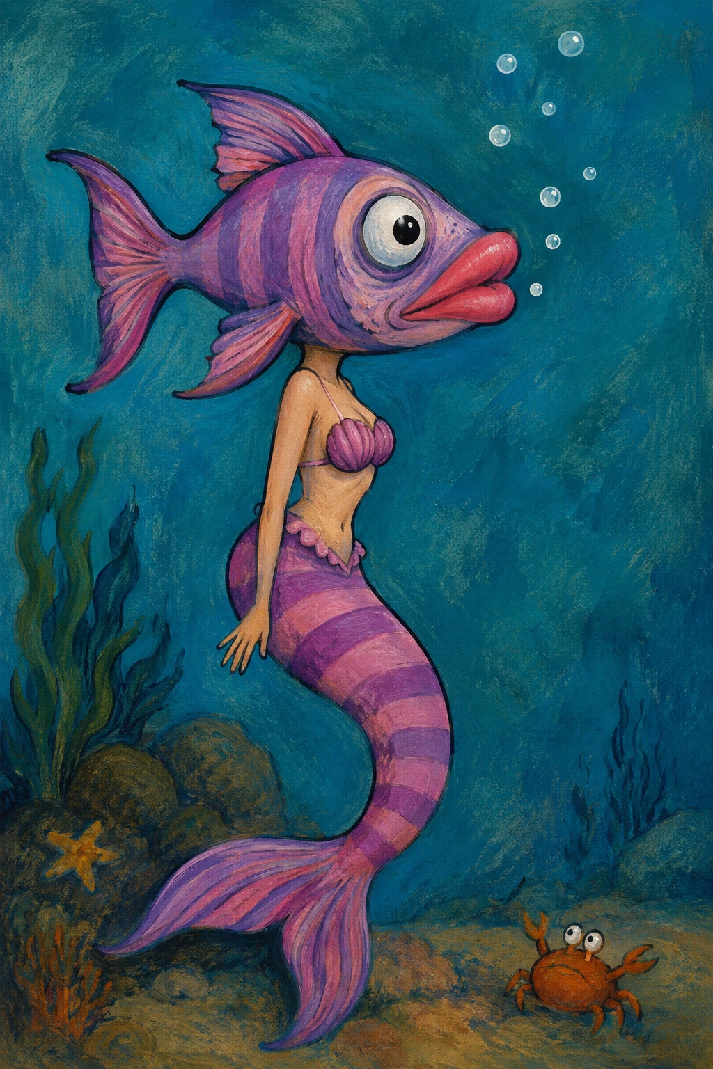 明るい海中世界のシュールな魚の頭を持つカートゥーン人魚