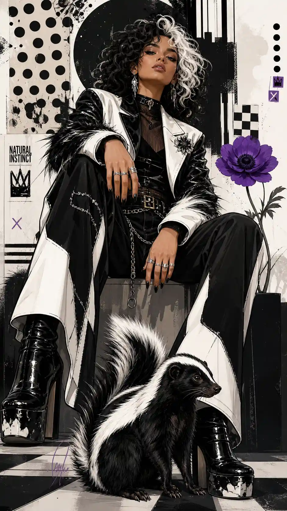 Joven estilosa en ilustración de moda inspirada en una mofeta
