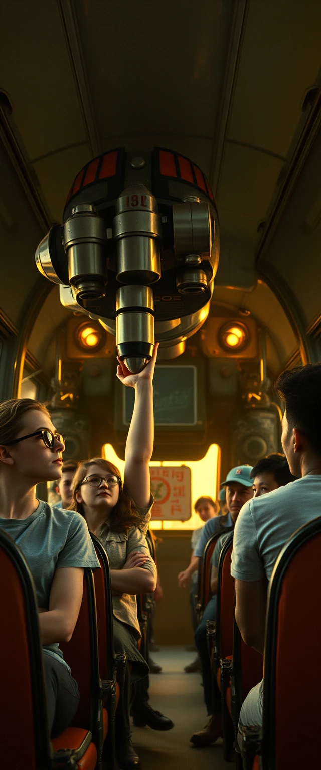 Girl and boy facing colossal rusted golem at sunset