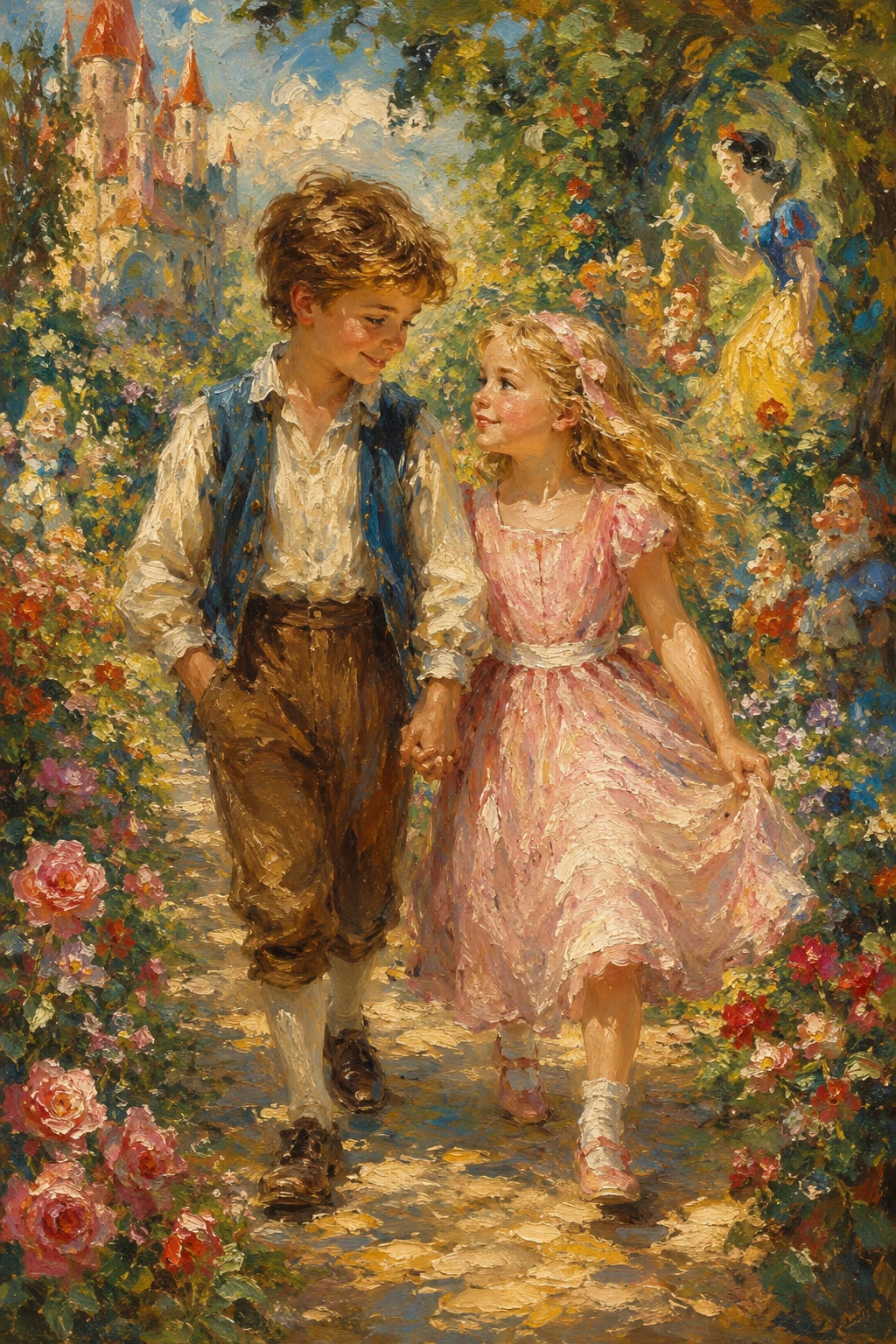Niño y niña caminando en un jardín de cuento de hadas