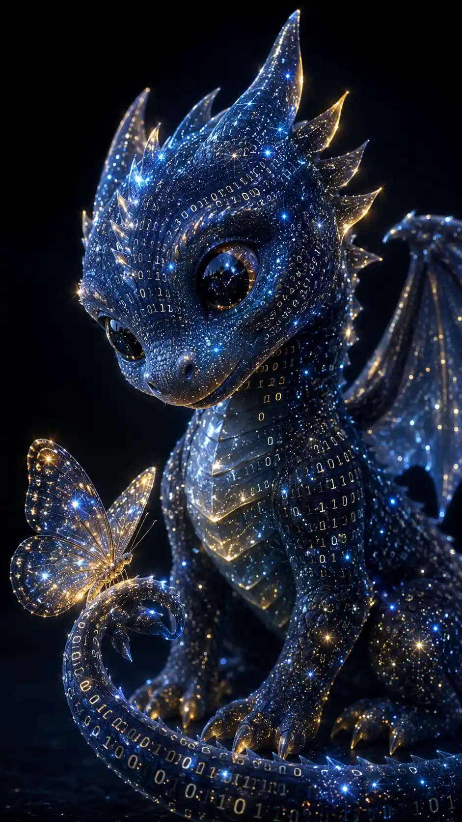 Dragón estelar bebé con mariposa sobre fondo cinematográfico oscuro