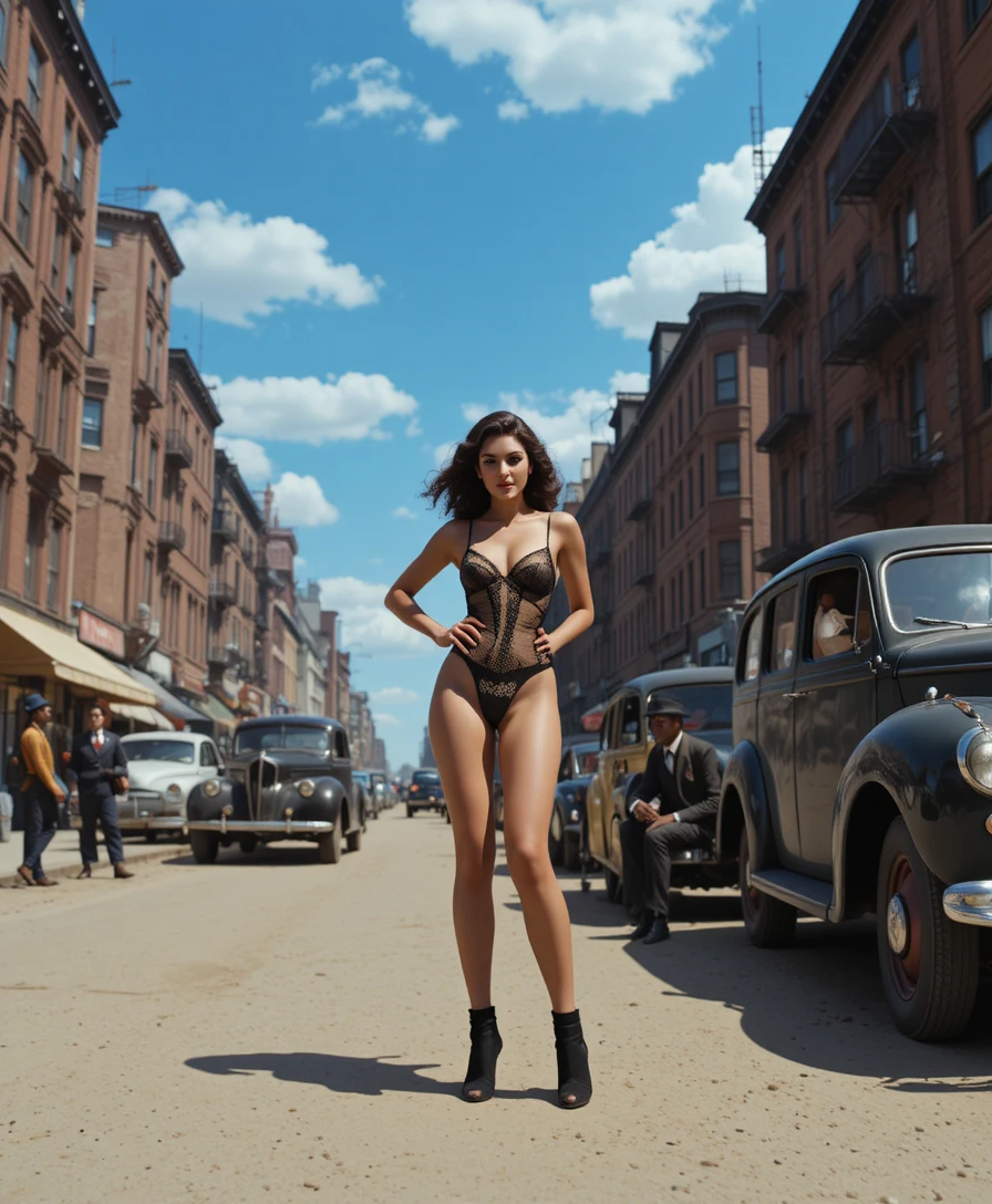 Mujer glamurosa posando en una soleada calle vintage del Bronx