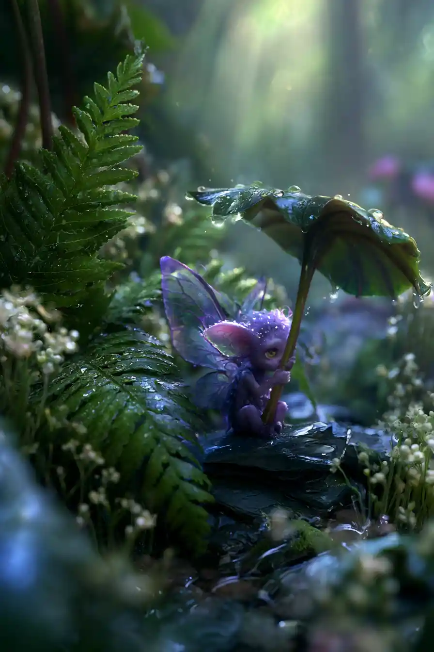 Tiny purple fairy resting on wet stone in forest