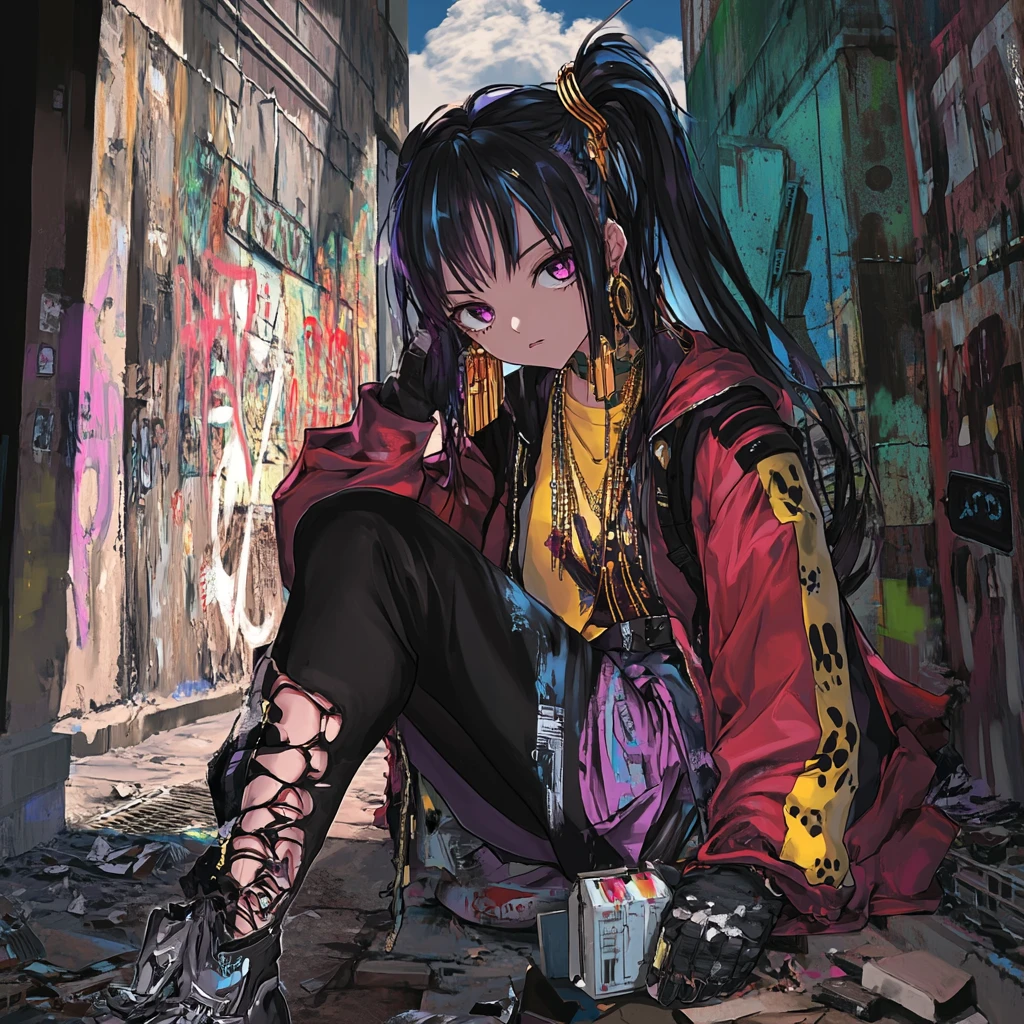 Chica de anime grafitera en una colorida calle de la ciudad