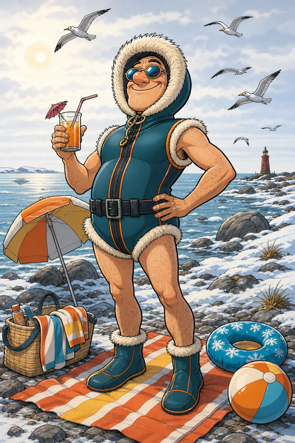 Mujer en dibujo animado tomando el sol en la playa en ilustración de cómic