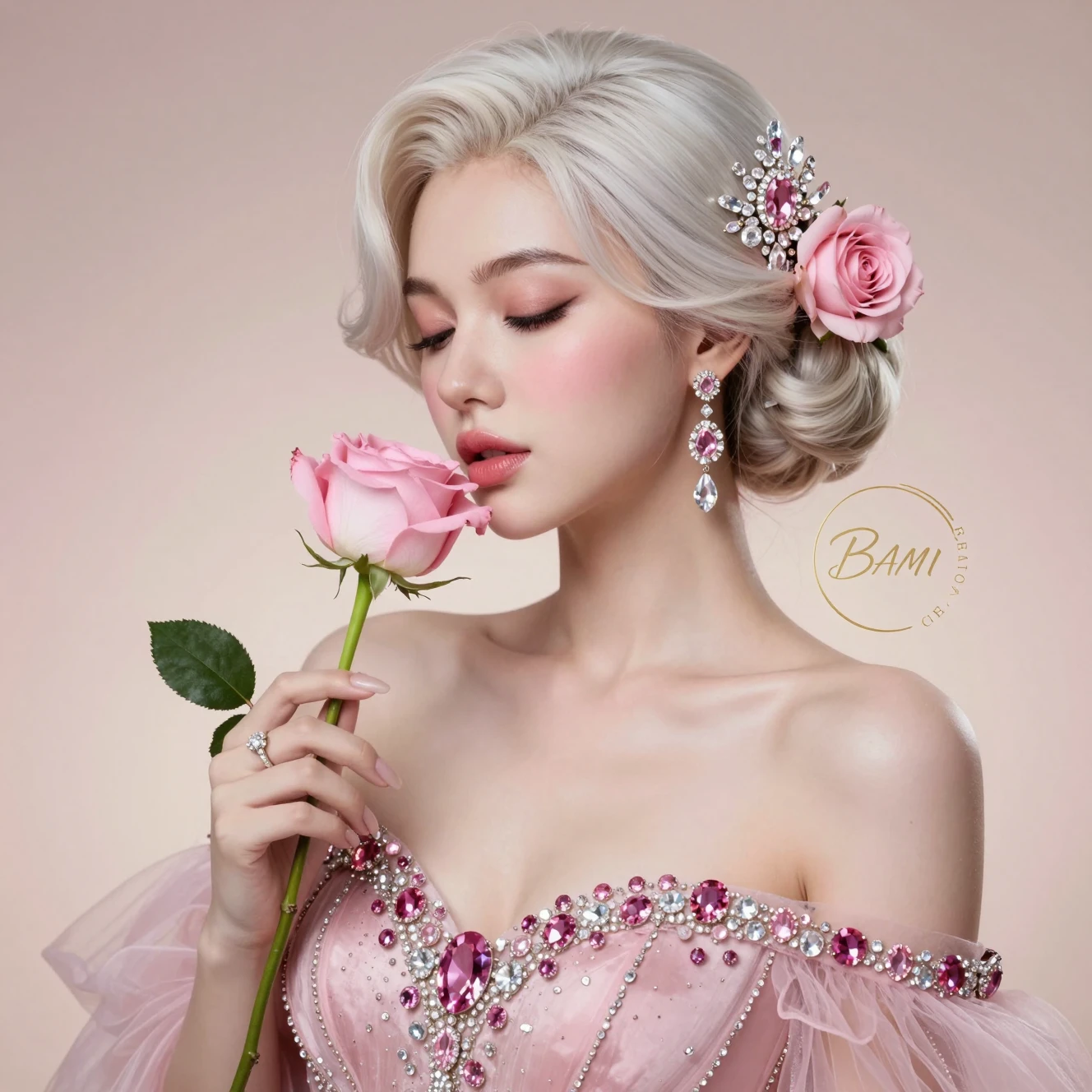 Mujer elegante con joyas de cristal y rosa rosa en retrato