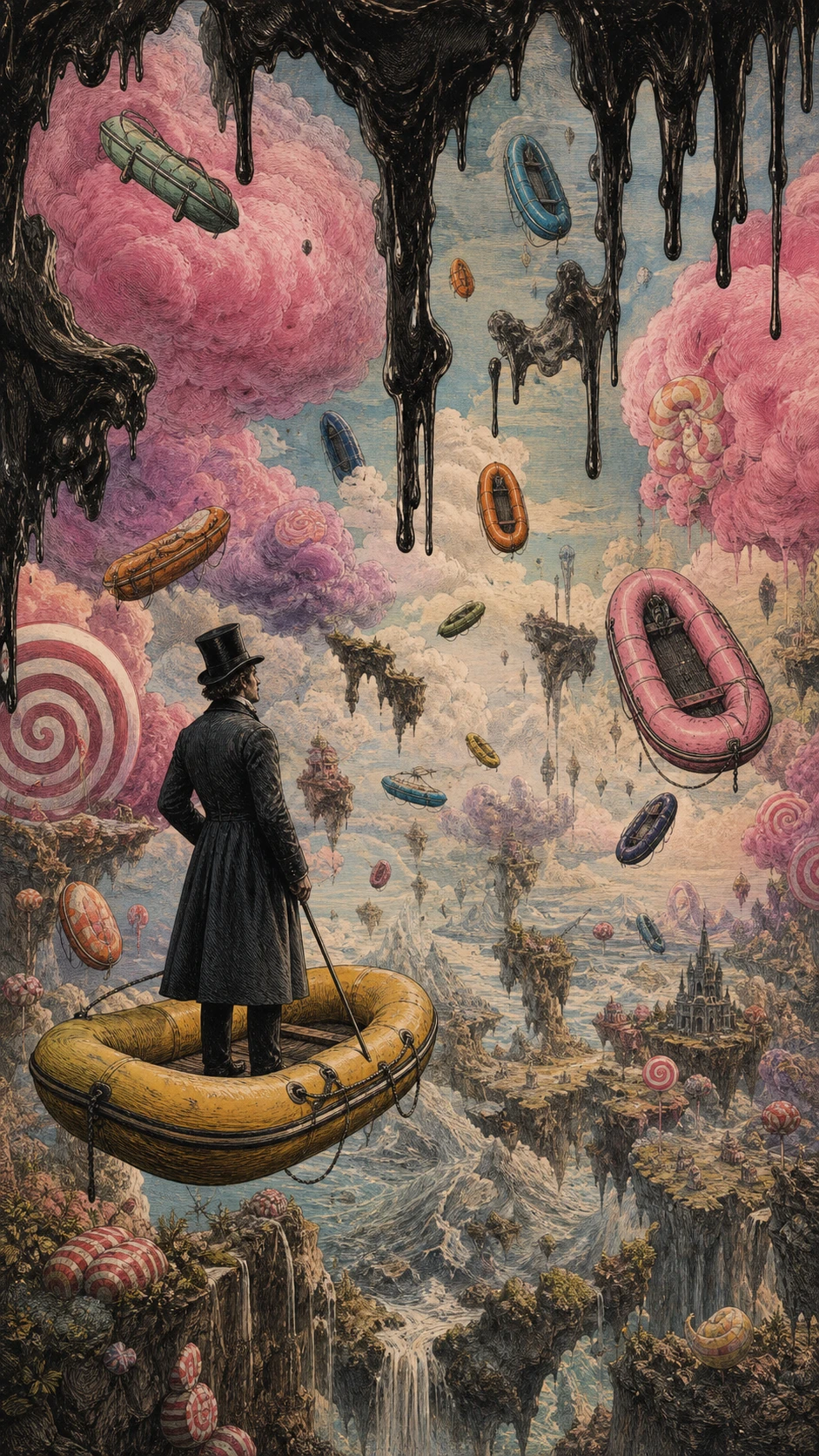 Mujer victoriana en un bote inflable flotando en un cielo surrealista de dulces