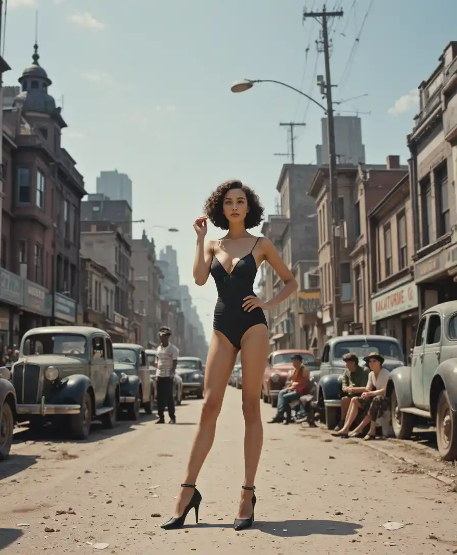 Mujer pin up vintage posando en una calle soleada de la ciudad