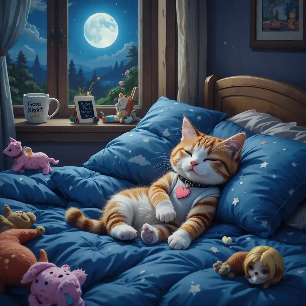Cute kitten sleeping on a large bed under moonlight