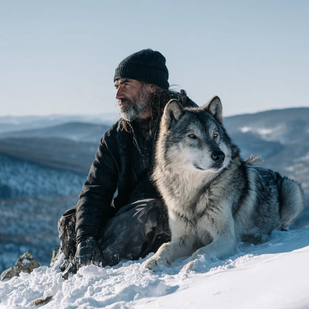 Man sitting with wolf on a snowy mountain ridge