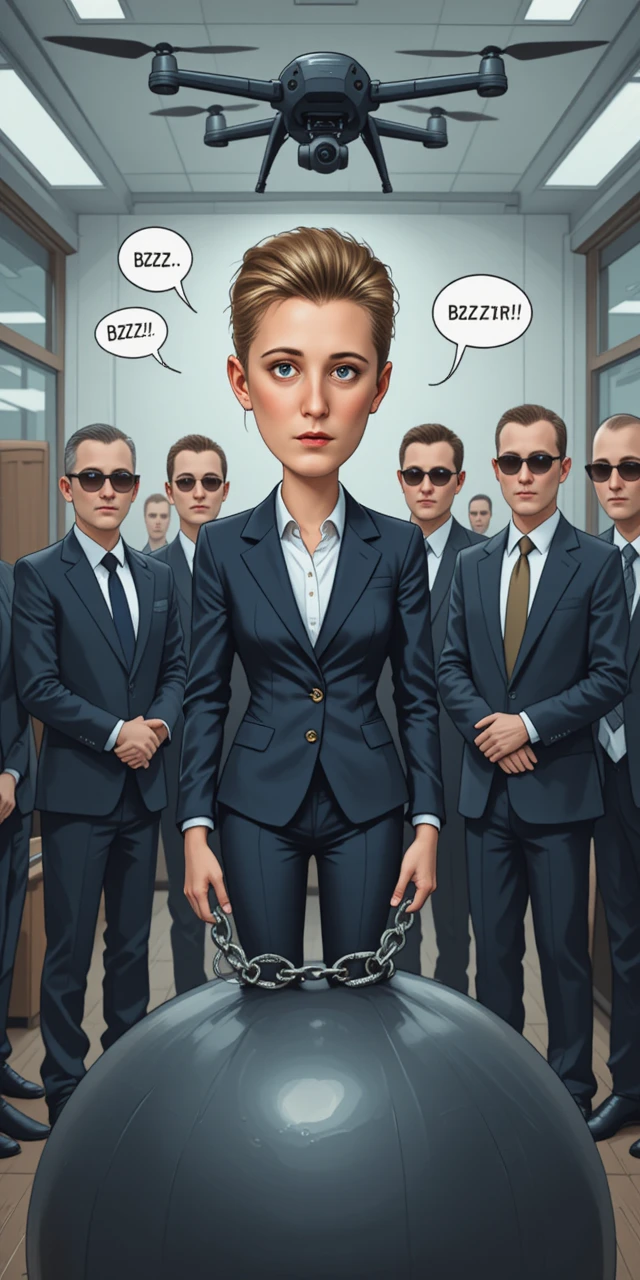Caricature of chained woman watched by guards indoors