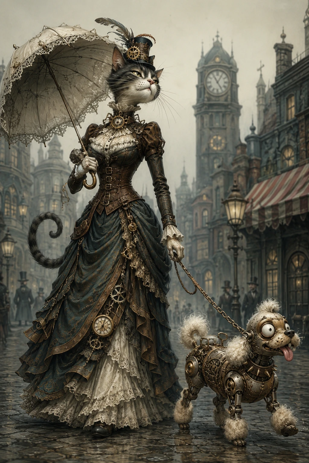 Elegante gata fantástica con vestido victoriano y perro mecánico