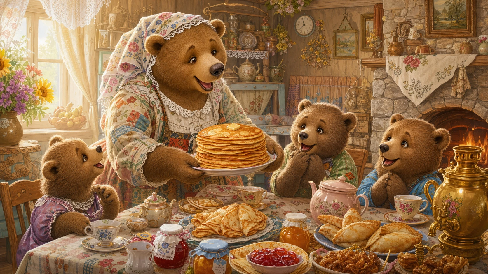 Acogoso oso de cuento sirviendo crepes en una soleada sala de estar