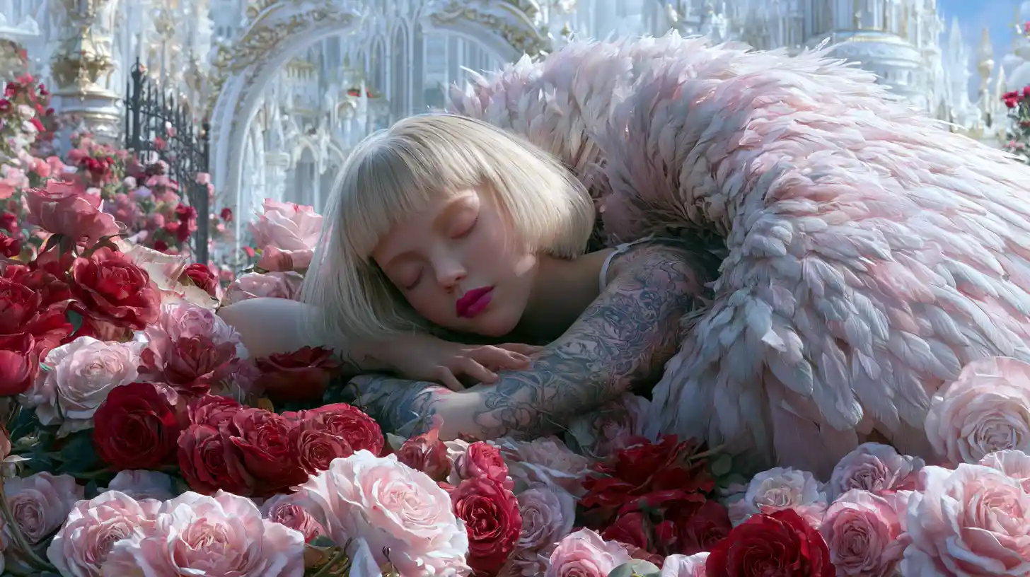 Tattooed angelic woman resting in a rose garden