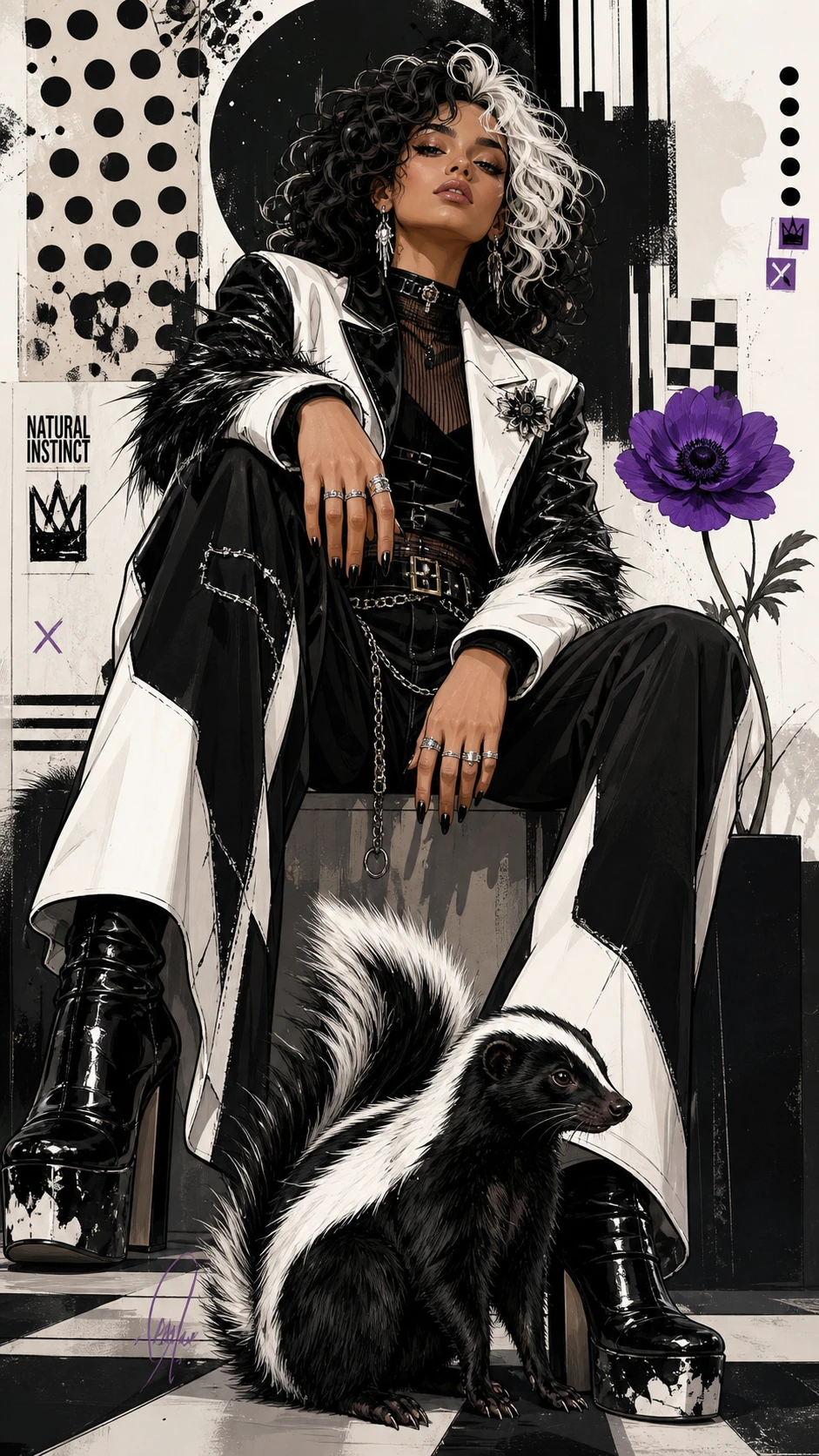 Joven estilosa en ilustración de moda inspirada en una mofeta