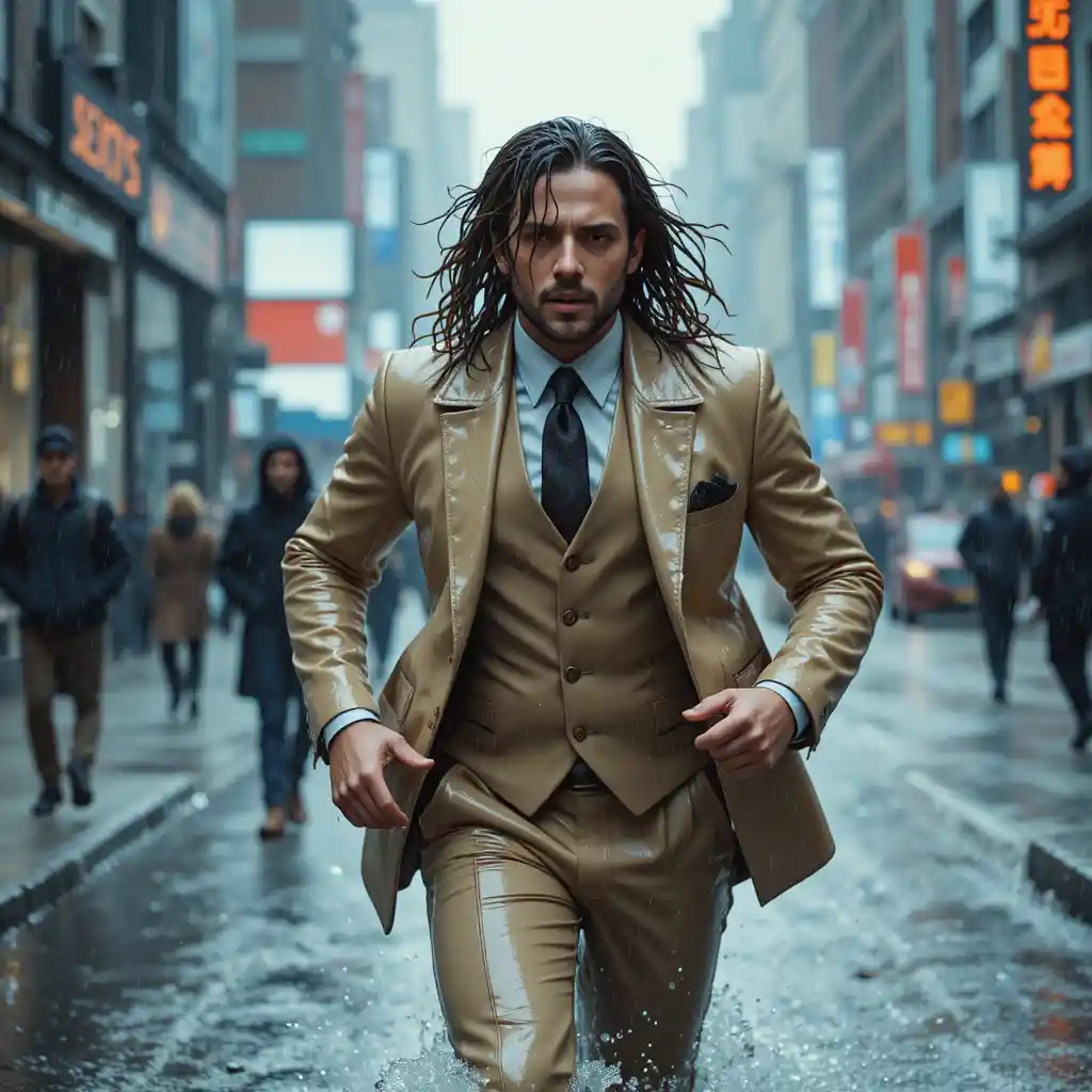 Hombre corriendo bajo una fuerte lluvia en la ciudad con traje de cuero beige