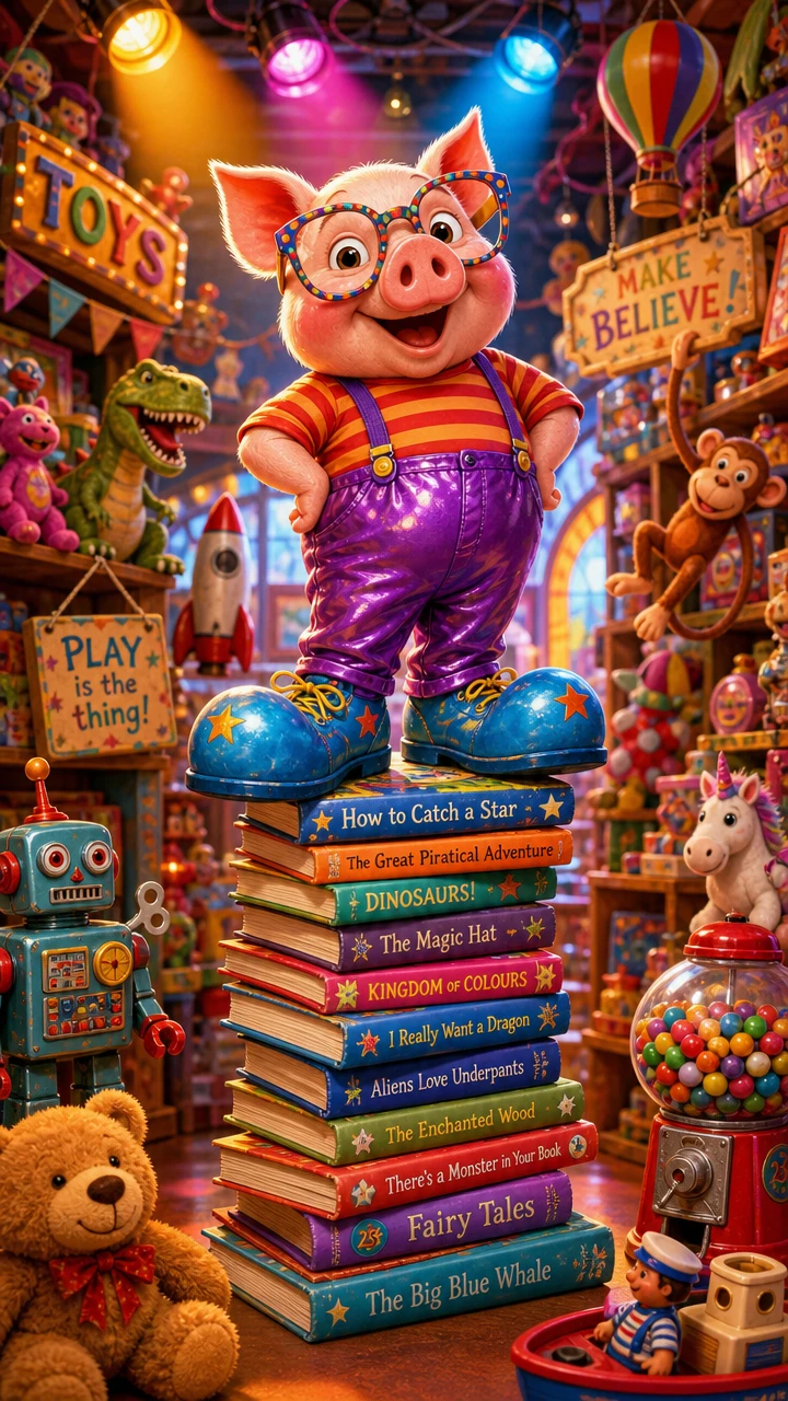 Whimsical pig balancing on books in a colorful toy shop