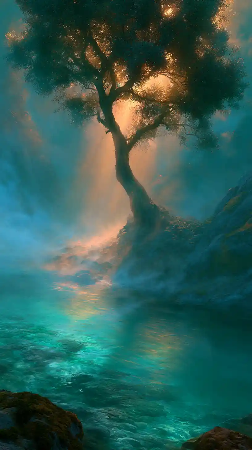 Árbol de ensueño junto a un río claro en tonos cian y naranja