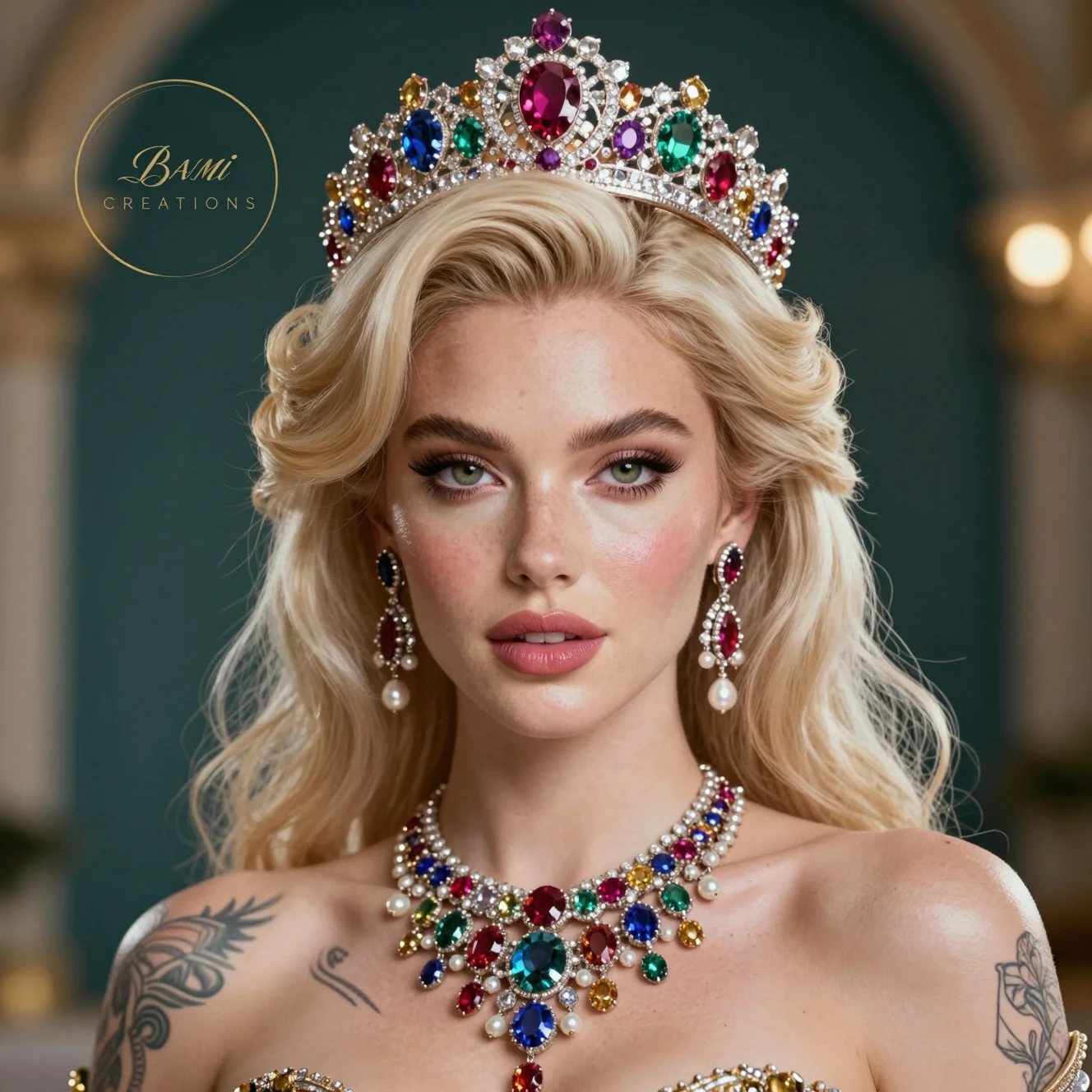 Mujer elegante rubia platino con tiara y collar de joyas