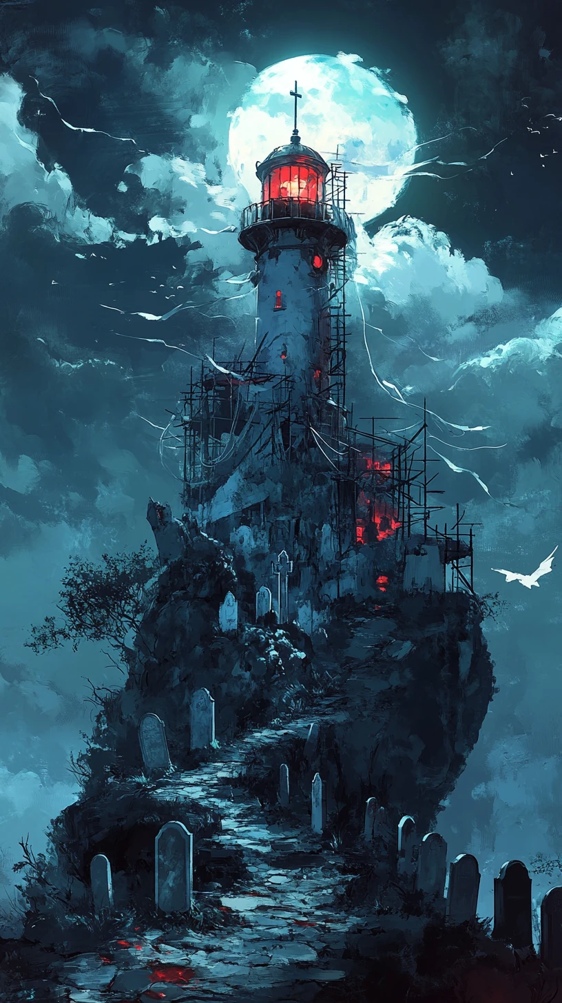Old lighthouse on stormy seas at night with crashing waves