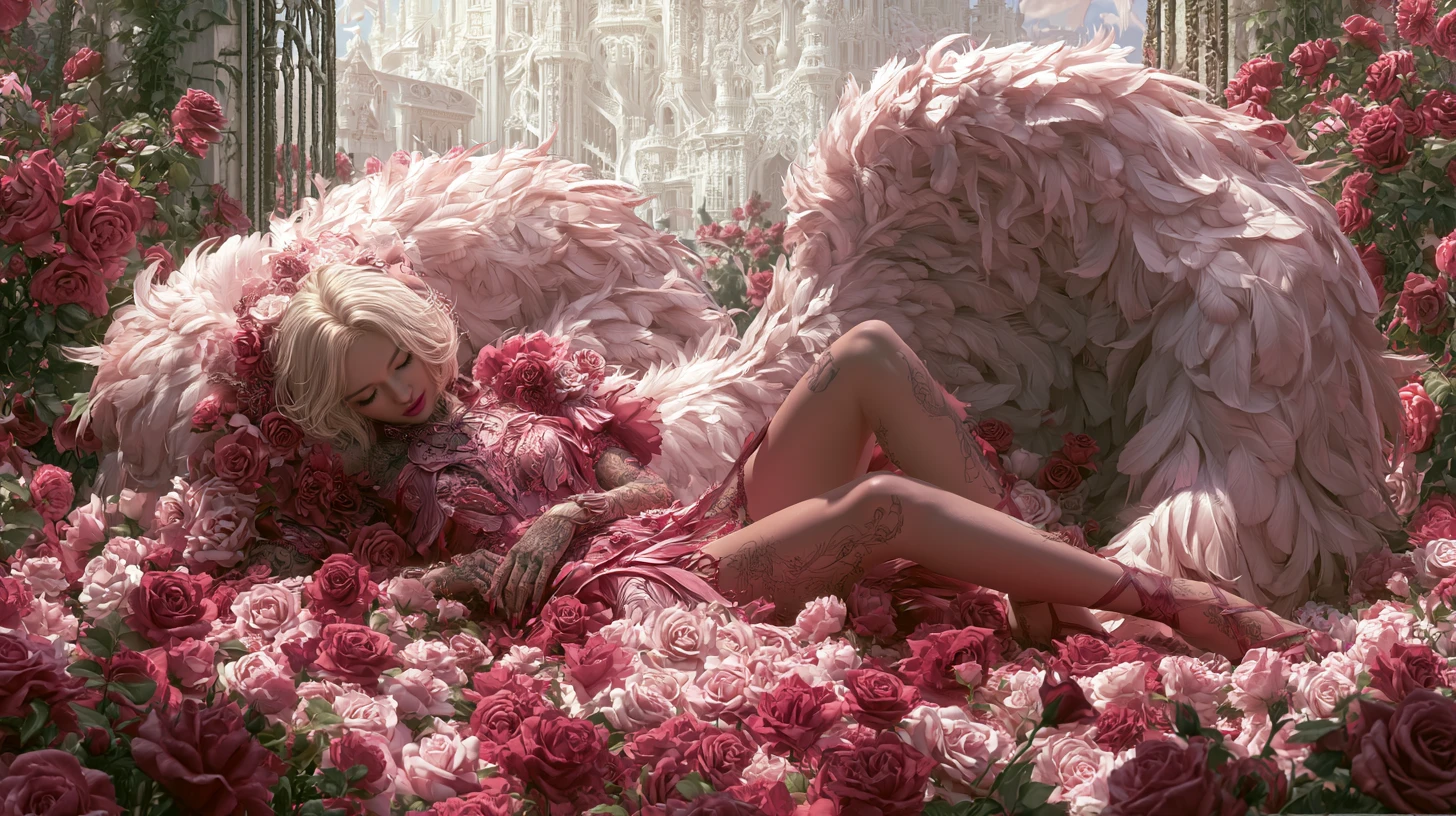 Tattooed angelic woman resting among blooming rose garden