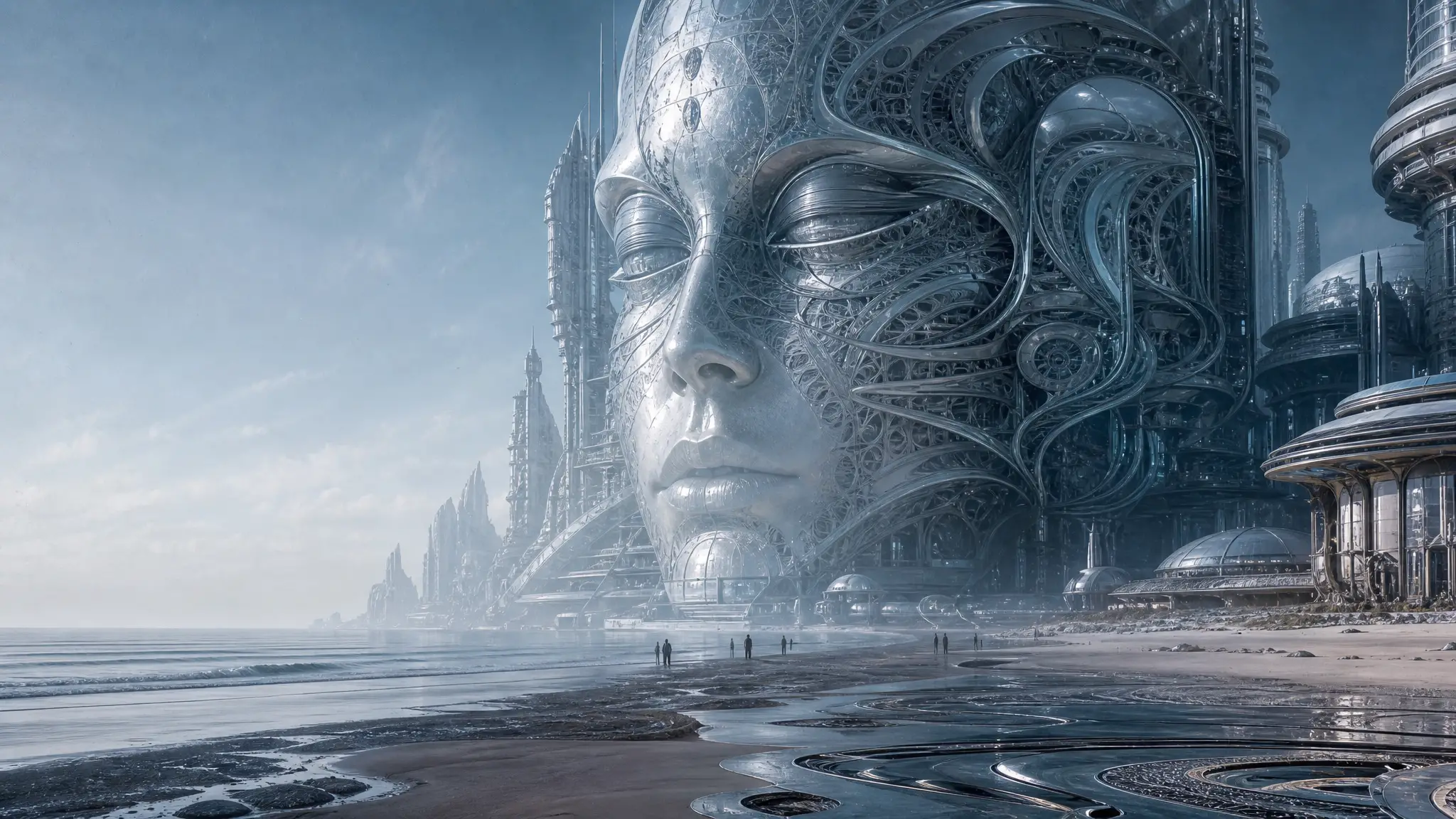 Surreal futuristisches Gesicht erhebt sich über schimmernden Wüstensand