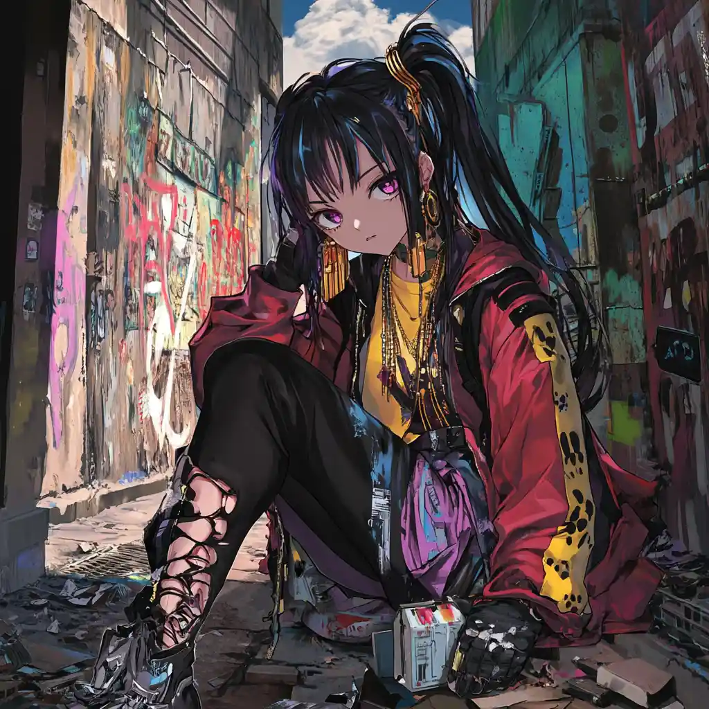 Chica de anime grafitera en una colorida calle de la ciudad