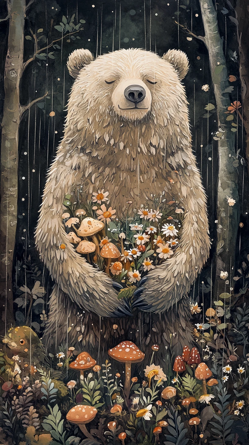 Oso gentil que protege a diminutos animales del bosque bajo la lluvia de primavera
