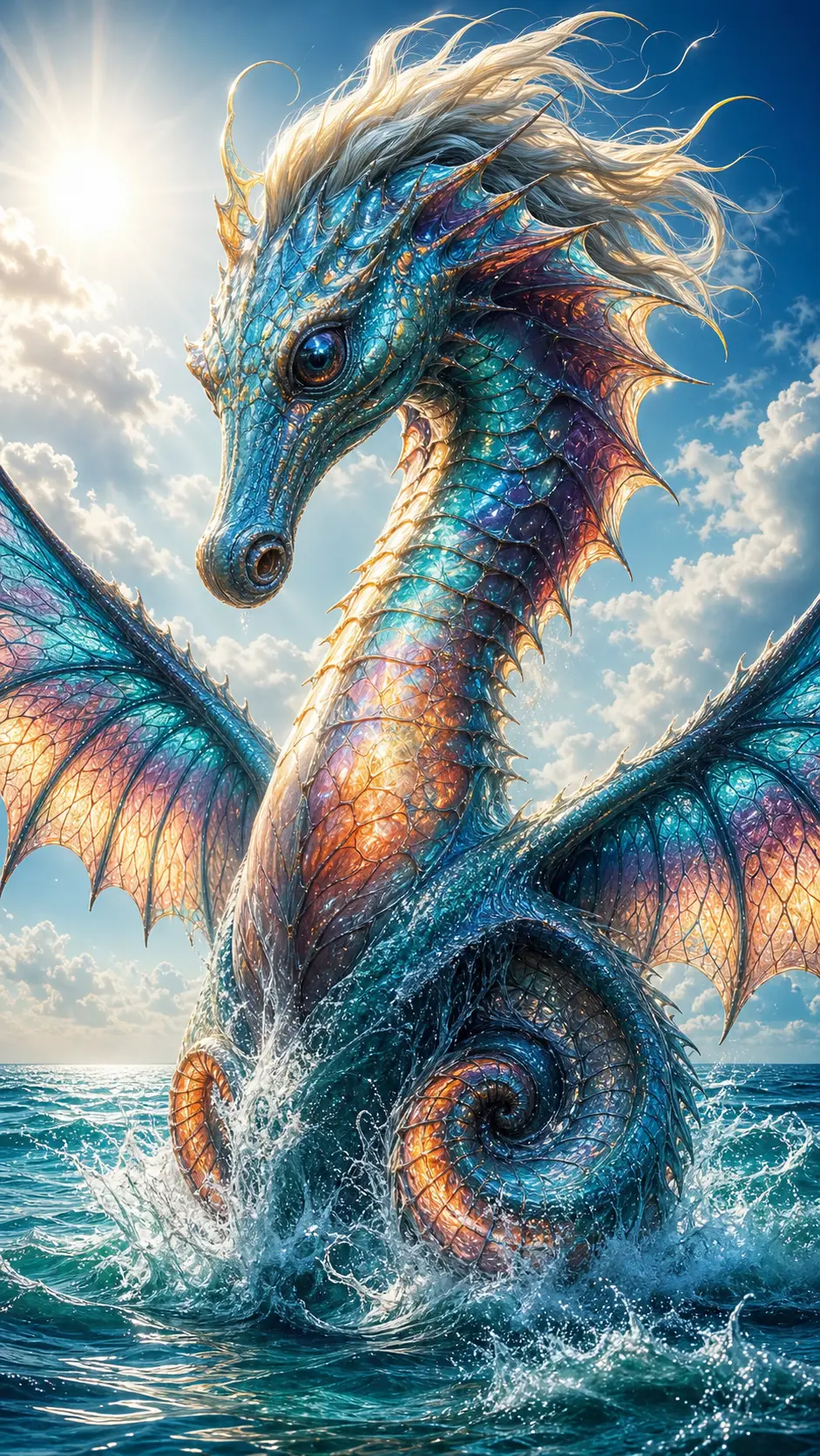 Winged sea serpent rising from a bright blue ocean